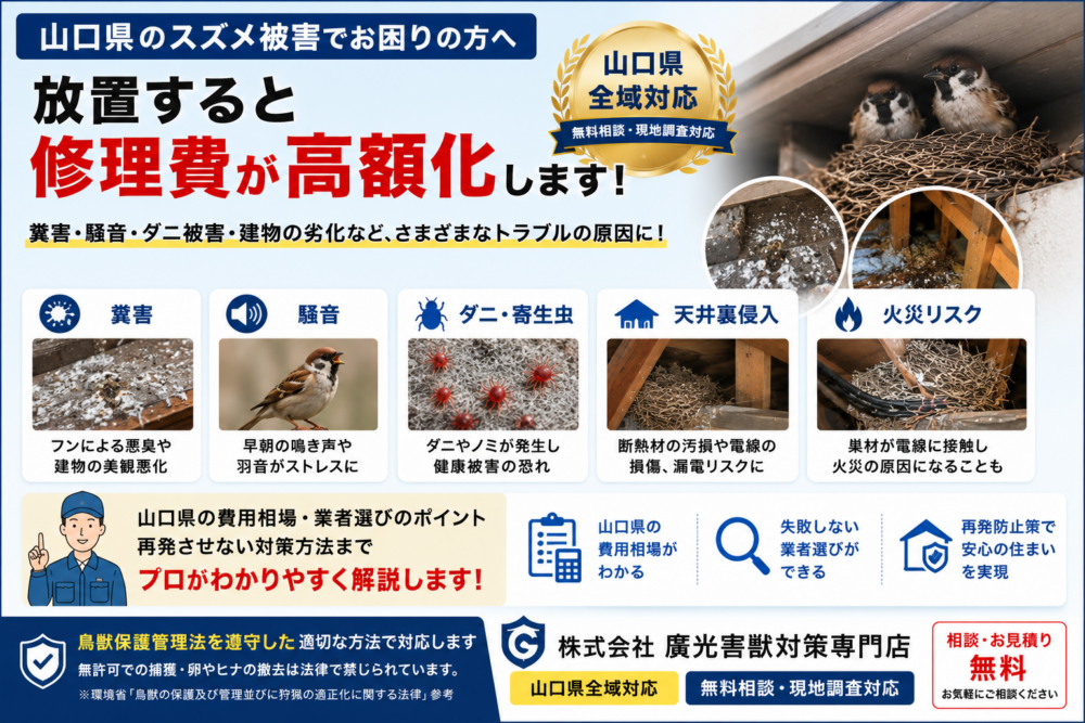 山口県のスズメ駆除費用相場｜失敗しない業者選びと再発防止策を解説