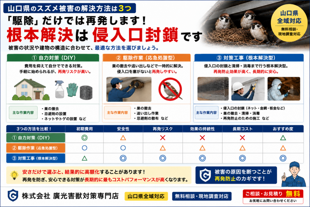 スズメ被害の解決方法は3つ｜本当に必要なのはどれか徹底比較