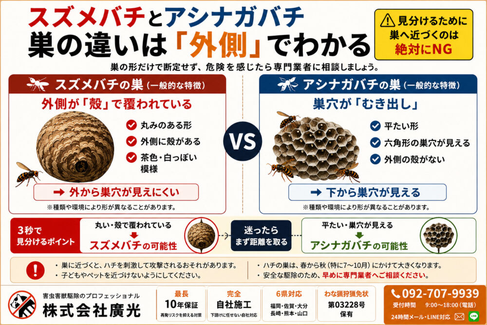 スズメバチとアシナガバチの巣の見分け方
