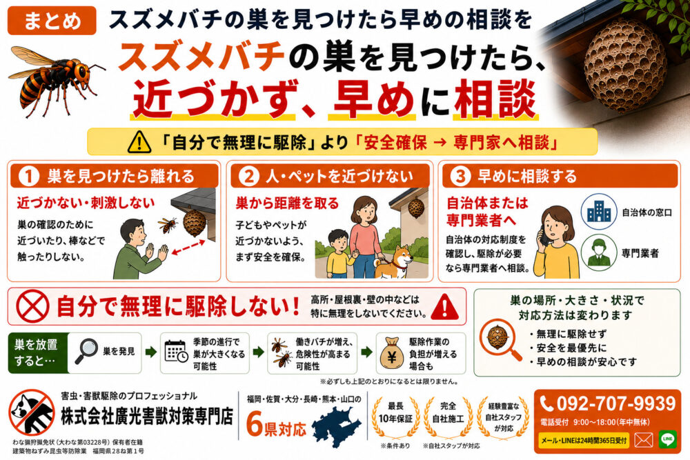 まとめ|スズメバチの巣を見つけたら早めの相談を