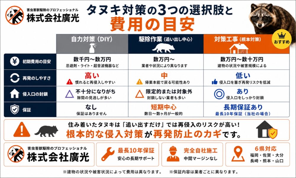 タヌキ対策の3つの選択肢と費用の目安