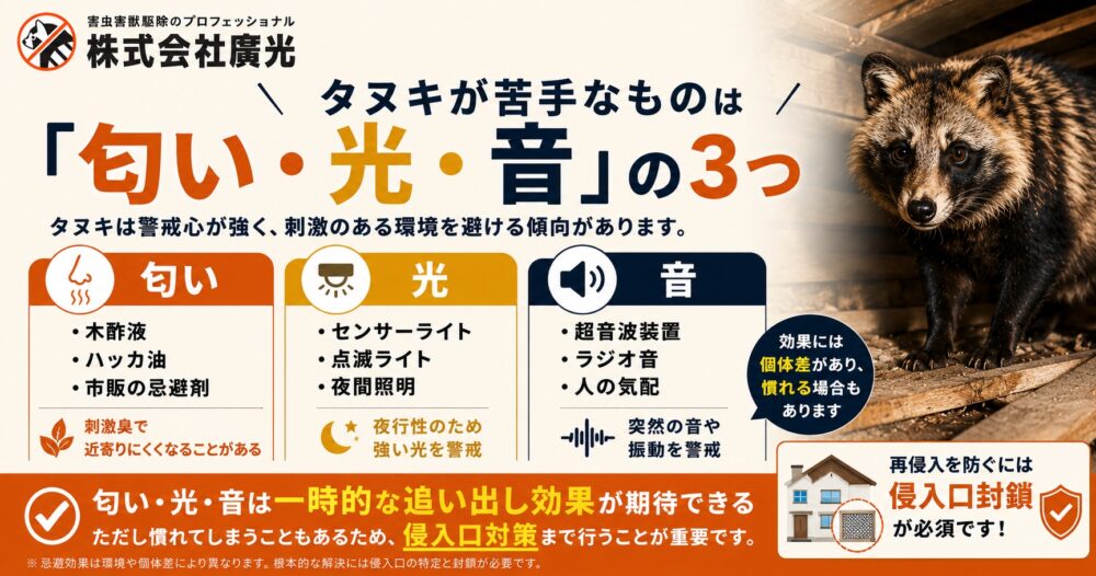 タヌキが苦手なものは「匂い・光・音」の3つ
