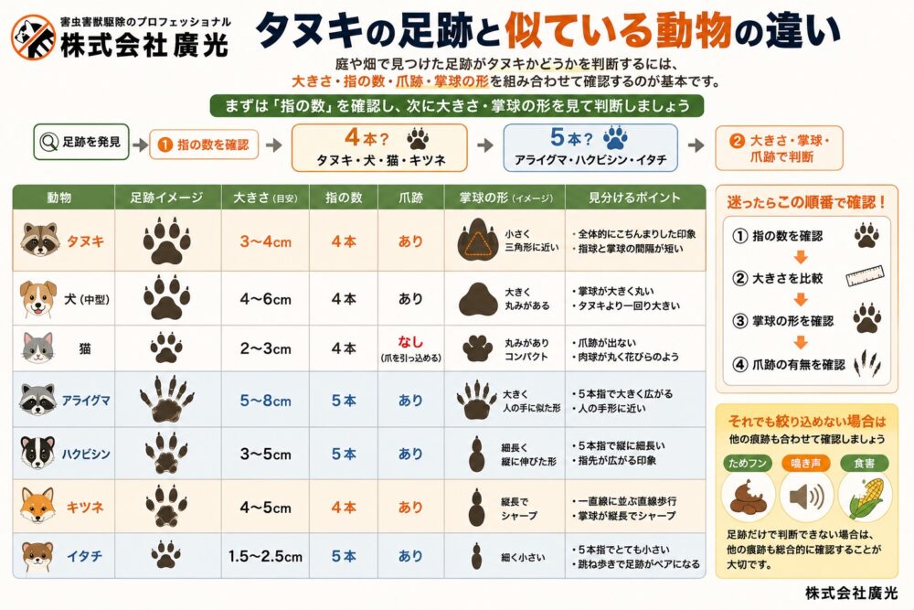 タヌキの足跡と似ている動物との違い