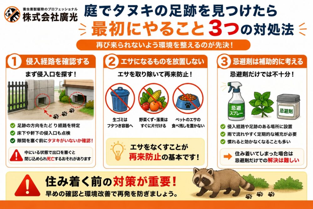 庭でタヌキの足跡を見つけたときの対処法