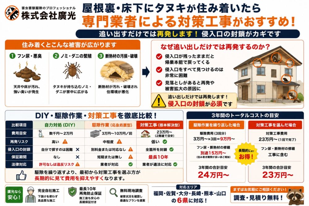屋根裏や床下に住み着いた場合は専門業者がおすすめ