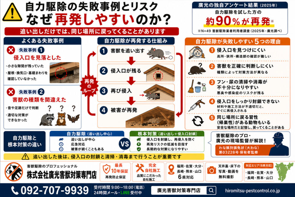 自力駆除の失敗事例とリスク｜なぜ90%以上が再発するのか