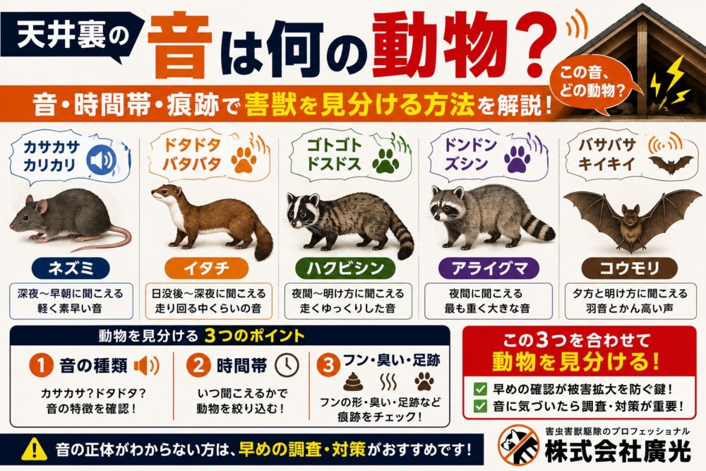 天井裏の音は何の動物？害獣別の足音・鳴き声での見分け方と対処法を解説