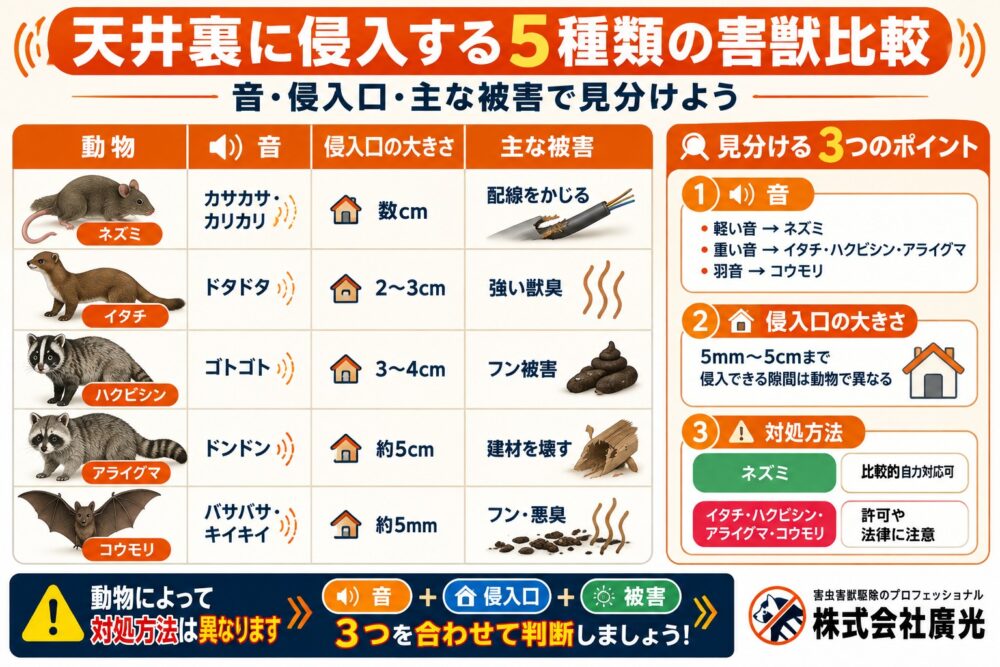 天井裏の動物別の特徴と被害|ネズミ・イタチ・ハクビシン・アライグマ・コウモリ