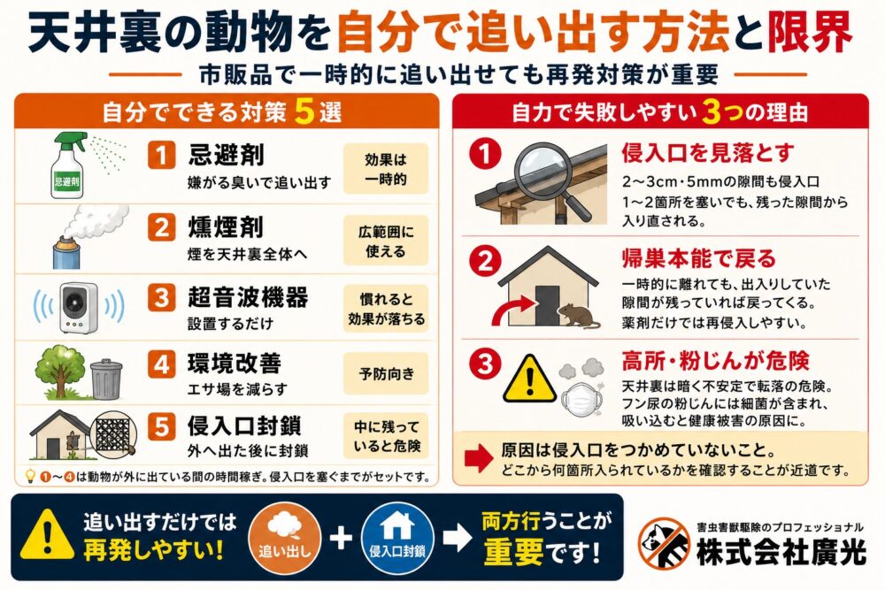 天井裏の動物を自分で追い出す方法と限界