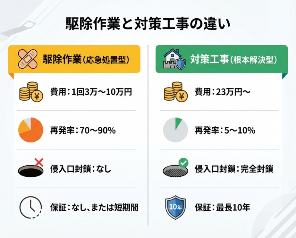 駆除作業と対策工事の違い｜再発させないためには侵入口封鎖が必須