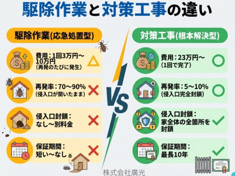 駆除作業と対策工事の違い｜再発させないためには侵入口封鎖が必須