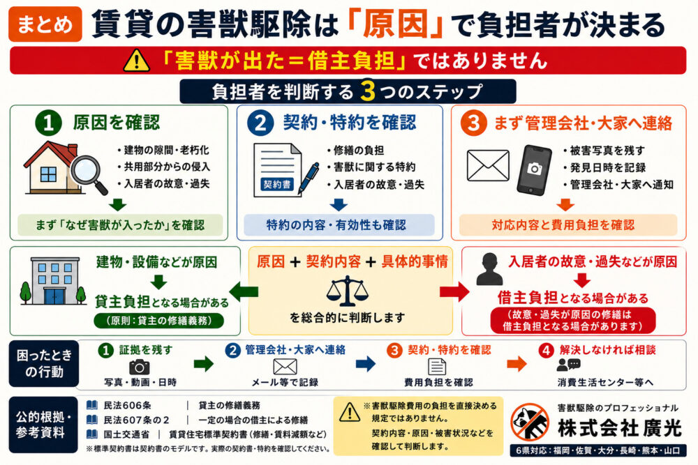 まとめ|賃貸の害獣駆除は「原因」で負担者が決まる