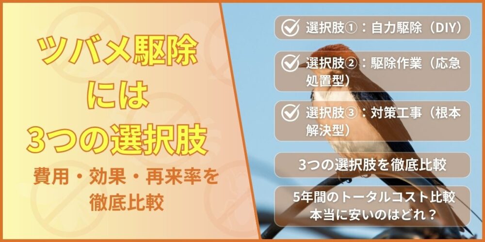 ツバメ駆除には3つの選択肢｜費用・効果・再来率を徹底比較

