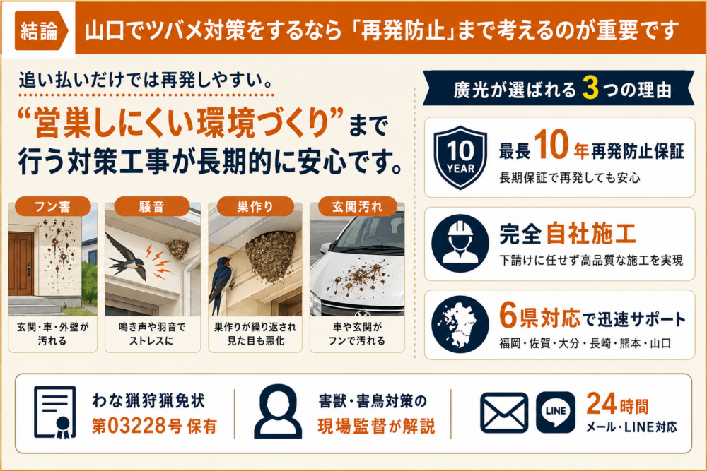 山口のツバメ駆除業者の費用相場と選び方|合法的な追い払い方法も解説