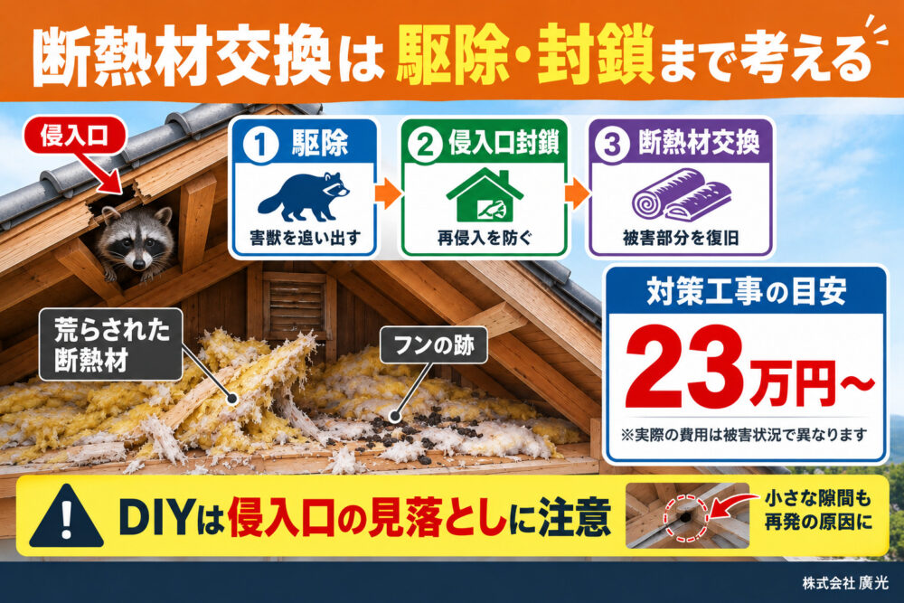 動物被害の断熱材交換費用は？内訳と封鎖工事23万円〜・DIYの限界