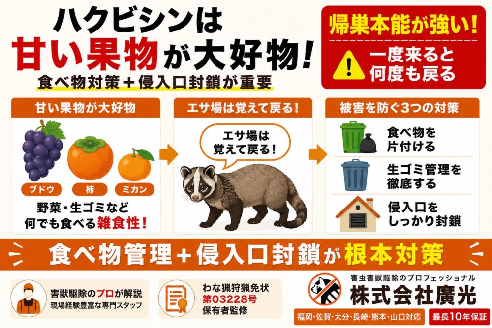 ハクビシンの食べ物と好物を徹底解説|嫌いな匂い・食害対策まで