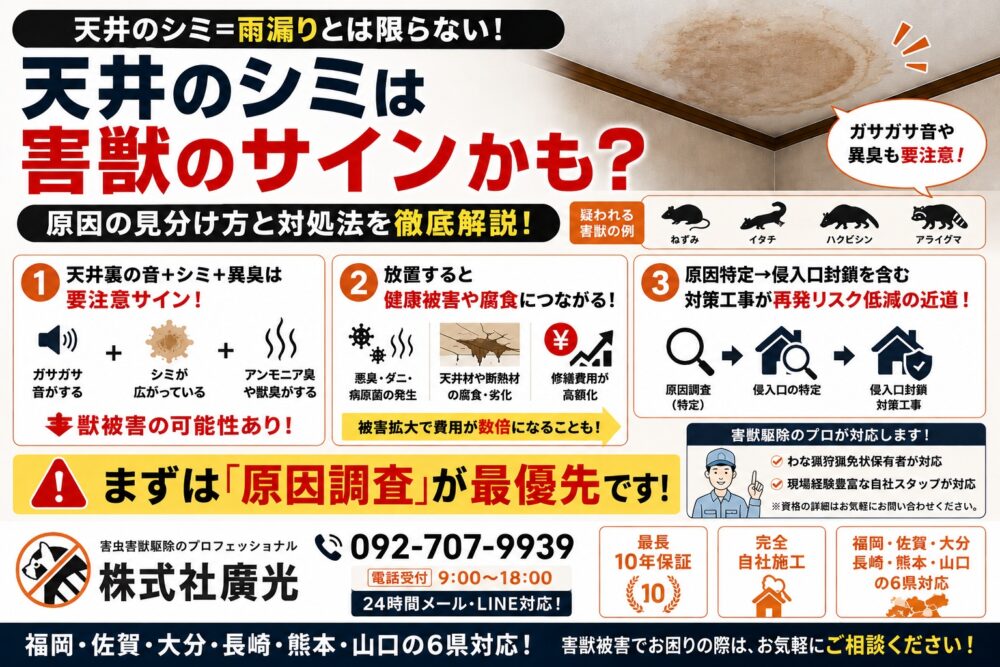 天井のシミは害獣かも?原因の見分け方と対処法・放置リスクまで徹底解説