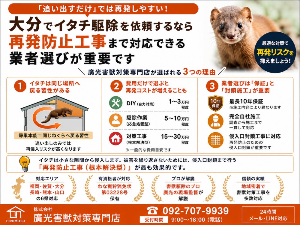 大分のイタチ駆除おすすめ業者｜費用相場と再発防止のポイントを徹底解説