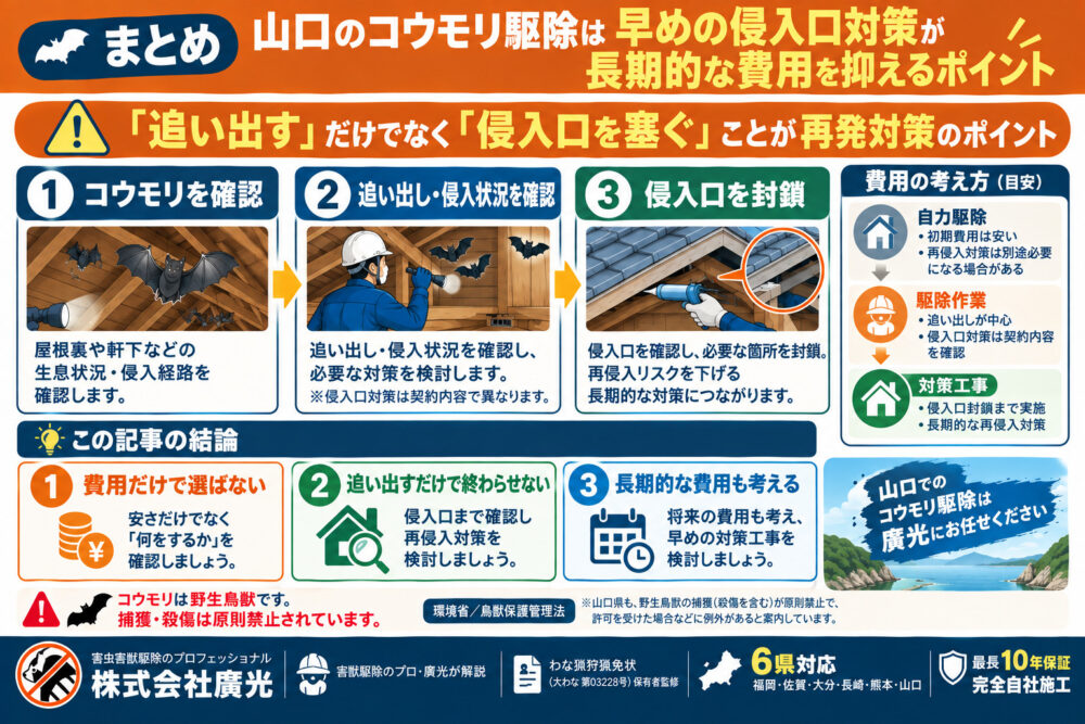 まとめ｜山口のコウモリ駆除は早めの対策工事が最も経済的