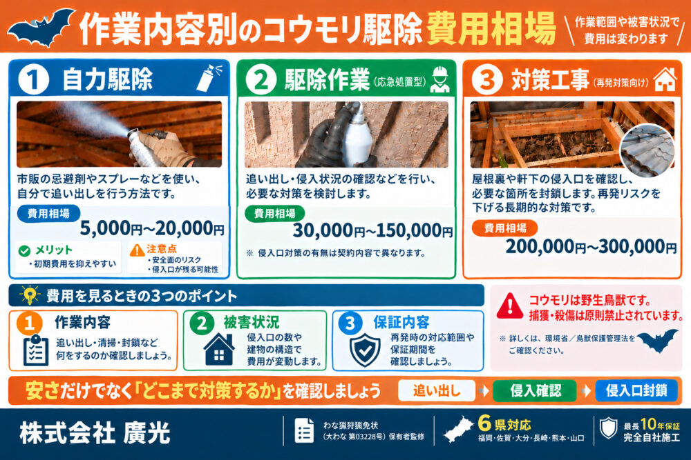 作業内容別のコウモリ駆除費用相場