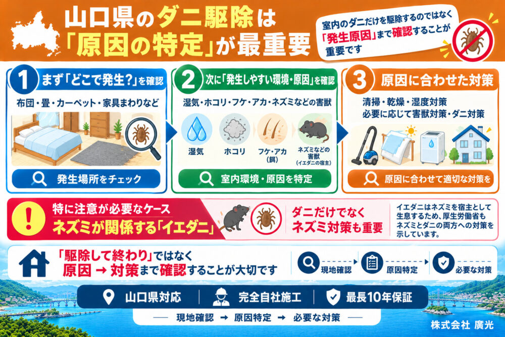 山口県のダニ駆除は原因の特定が最重要|根本解決で安心な生活を