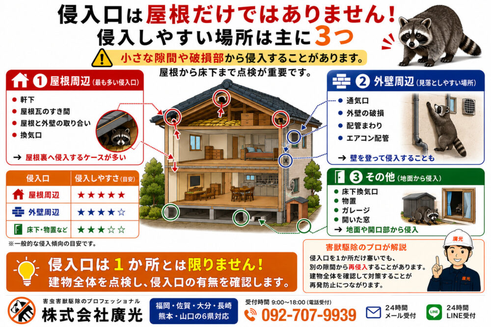 アライグマの侵入経路を徹底解説|どこから入ってくる?