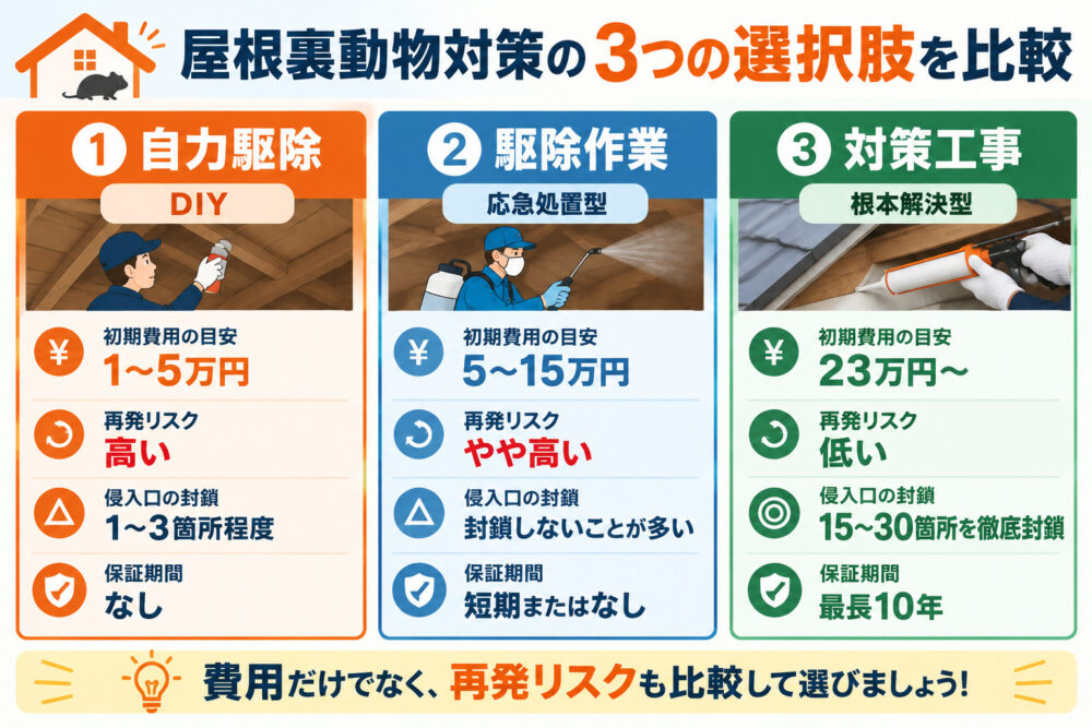 屋根裏動物対策の3つの選択肢を比較
