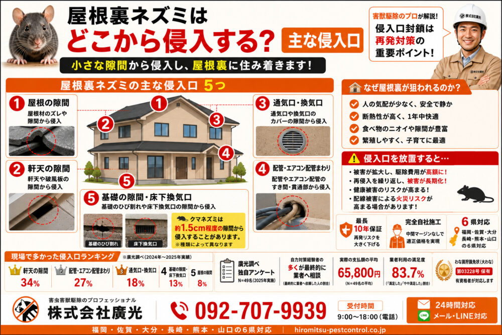 屋根裏ネズミはどこから侵入する？主な侵入口