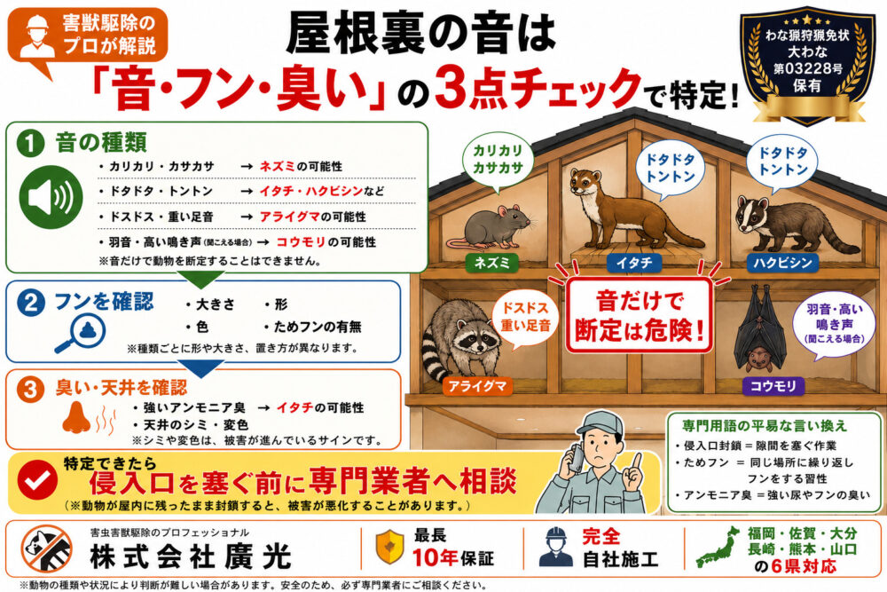 屋根裏の音は何の動物？足音とフンで特定するチェックリストとNG行動