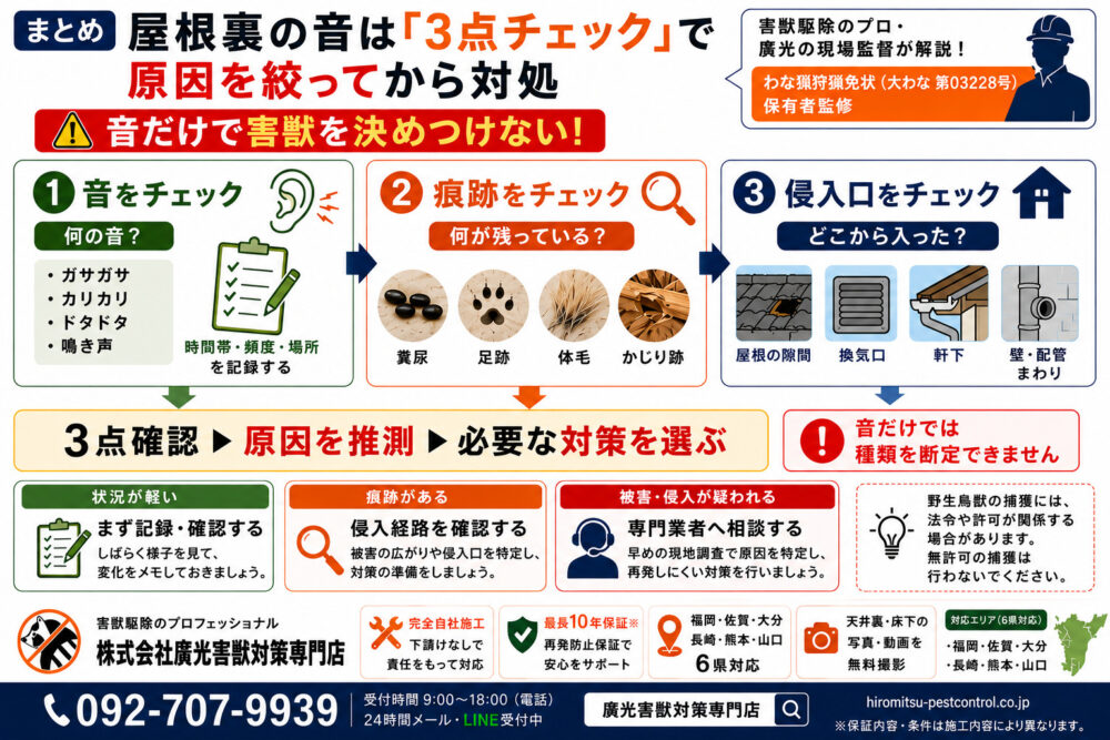 まとめ｜屋根裏の音は3点チェックで特定してから対処する