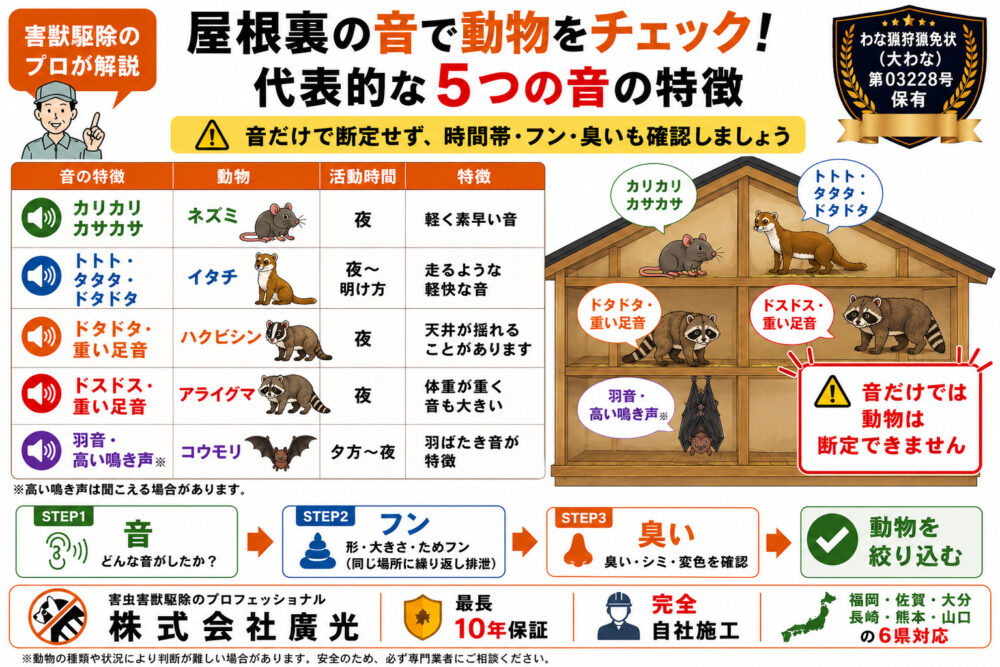 屋根裏の音で動物を特定するチェックリスト