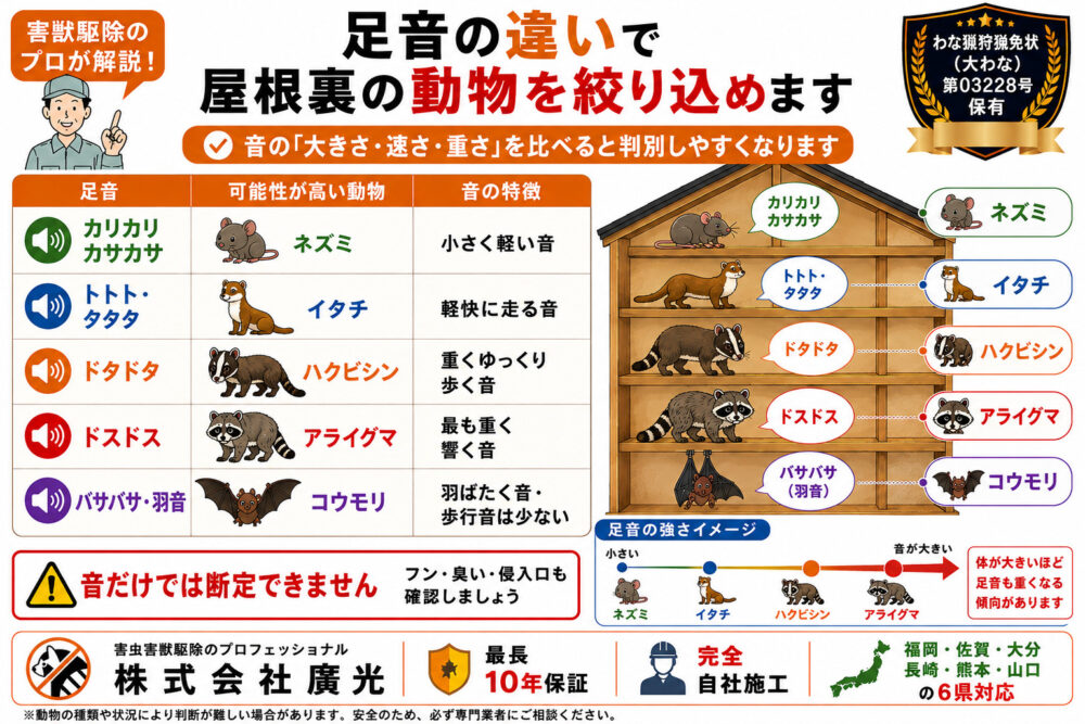 屋根裏の足音の種類｜音から動物を絞り込む方法