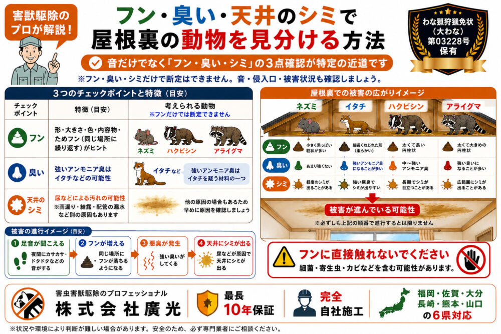 フン・臭い・天井のシミで屋根裏の動物を見分ける方法