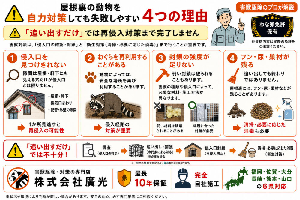 屋根裏の動物を自力対策しても失敗しやすい4つの理由