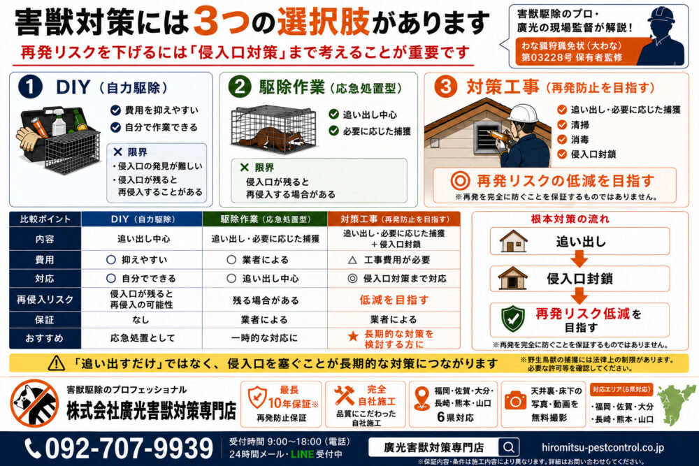 屋根裏の害獣対策は3択｜駆除だけと対策工事の違い