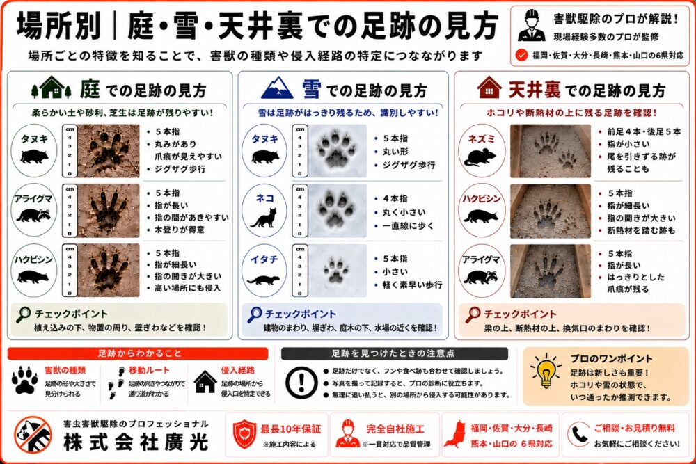 場所別|庭・雪・天井裏での足跡の見方