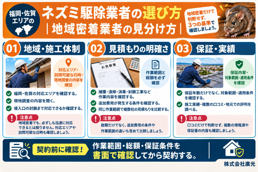 福岡・佐賀エリアのネズミ駆除業者の選び方｜地域密着業者の見分け方