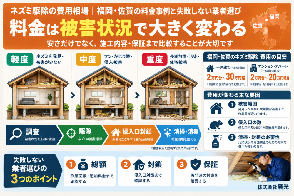 ネズミ駆除の費用相場｜福岡・佐賀の料金事例と失敗しない業者選び