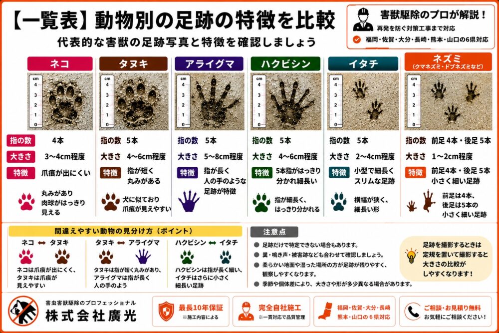動物別の足跡の特徴を比較