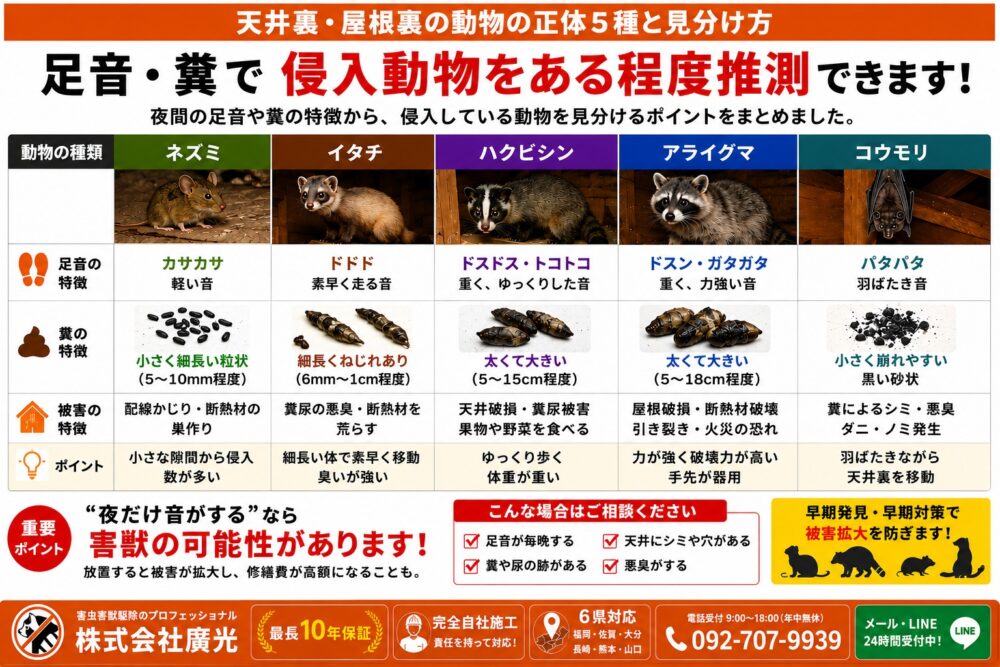 天井裏・屋根裏に住み着く動物の種類と見分け方