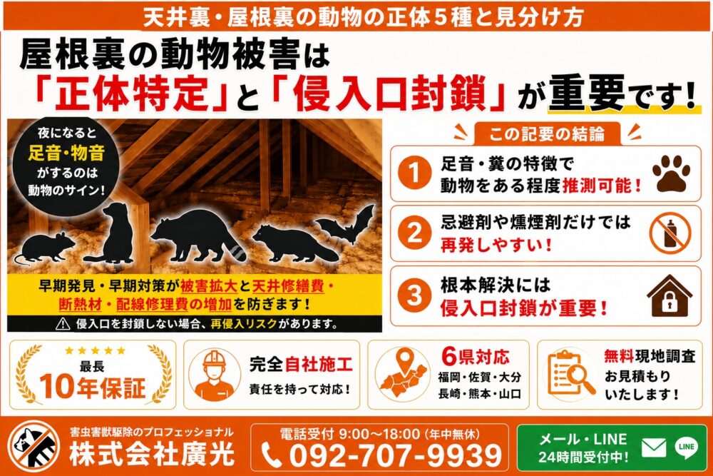 天井裏・屋根裏の動物の正体5種と見分け方｜足音・糞・駆除費用も解説
