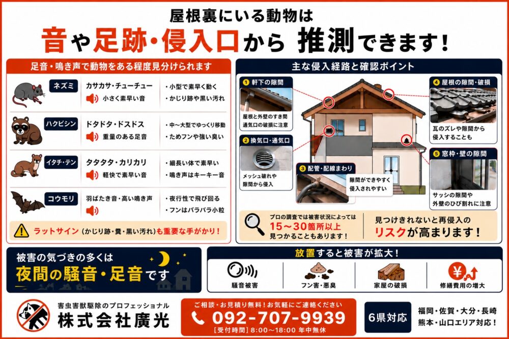 屋根裏にいる動物の見分け方と侵入経路