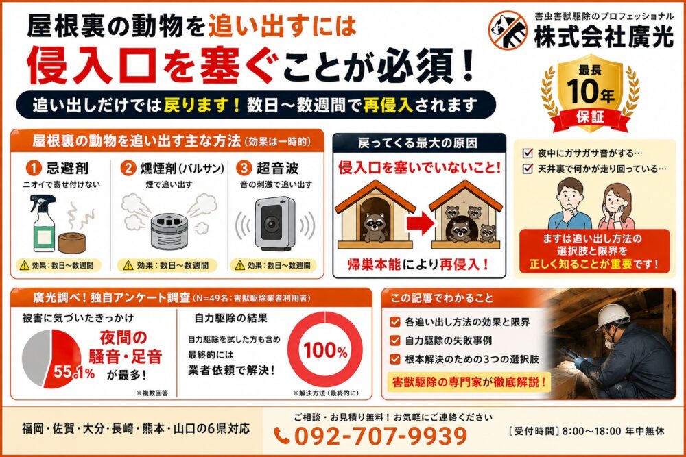 屋根裏の動物を追い出す方法｜再発させない侵入口封鎖と業者の選び方