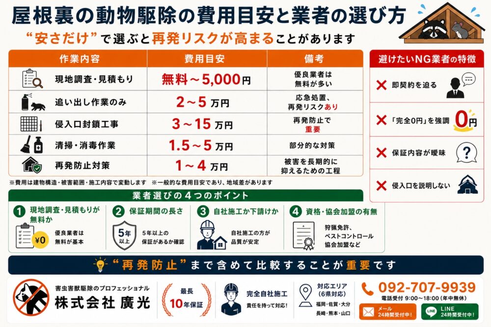 屋根裏の動物駆除の費用目安と業者の選び方