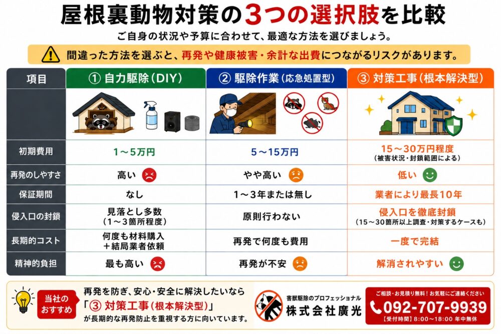 屋根裏動物対策の3つの選択肢を比較