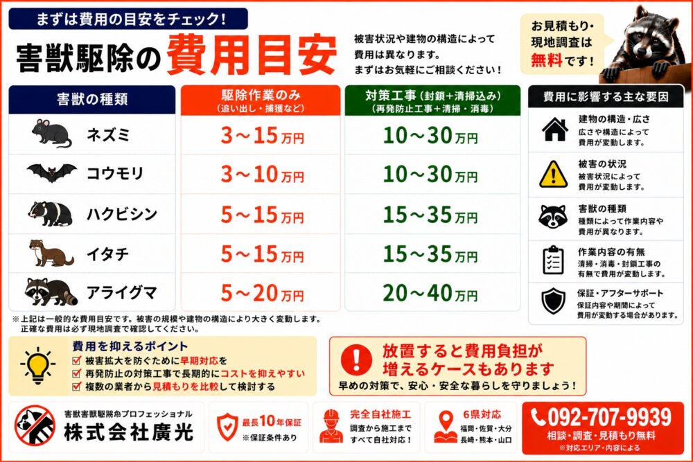 獣の駆除にかかる費用目安